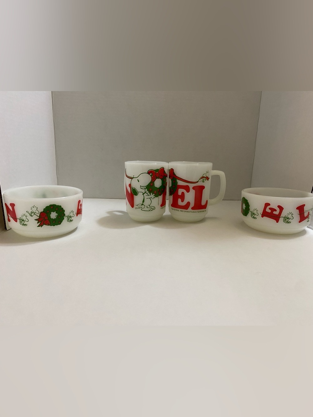 Vintage Fire-King Snoopy NOEL Christmas Mug And Bowl Set- 4 Pieces